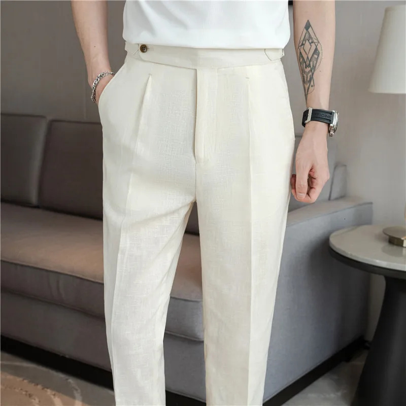 High Quality Summer Suit Pants Men Thin Cotton Linen Breathable Smart Casual Trousers Mens Solid Straight Dress 90 260618