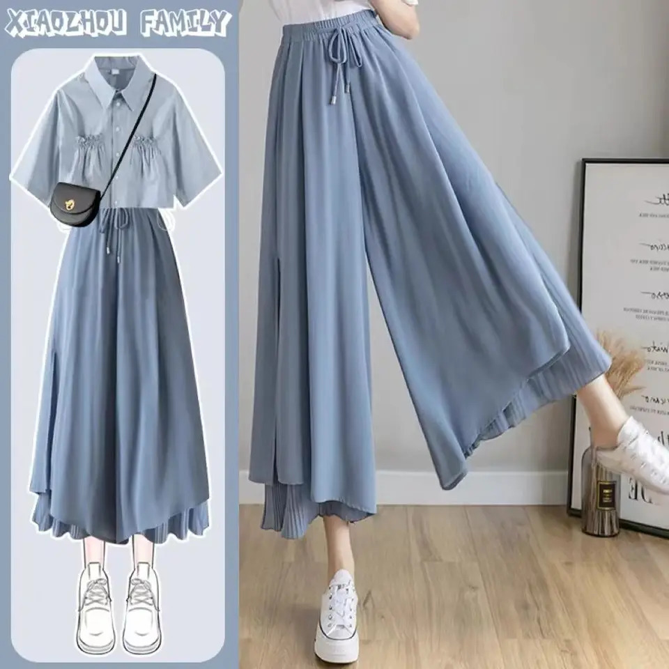 Summer Pantskirt Set for Female Korean Style Loose Short Sleeve ShirtCasual Wide Leg Pants Fashion Two Piece Set Outfits 260623