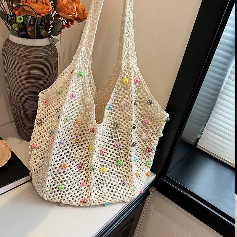 Knitted Bags Woman Beach Handbag Hollow Colored Pearl Handheld Woven Shoulder Tote Bag Casual Large Capacity Vest Crossbody 260623