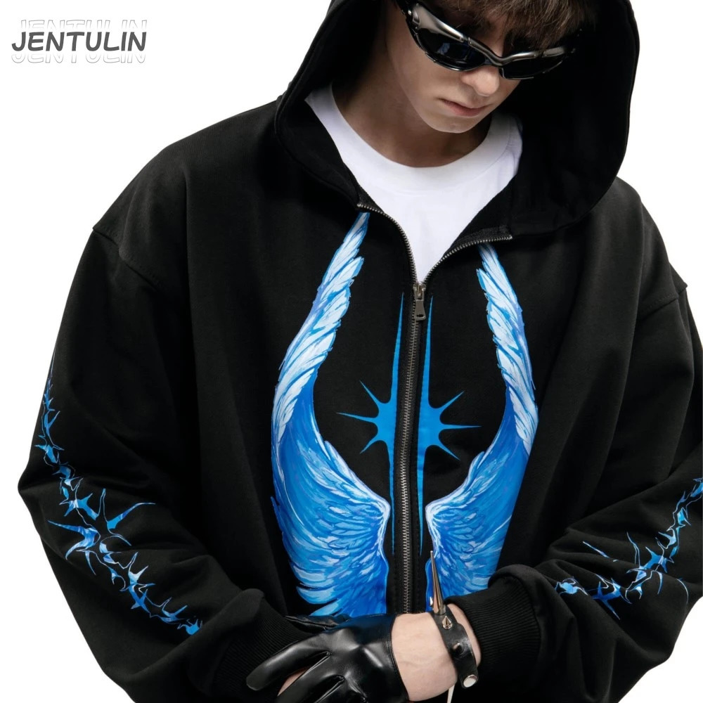 Streetwear Men Zipper Hoodie Bright Side Graphic Print Zip Hooded Pullover Sweatshirt Hip Hop Jacket Y2K Coat Clothing Goth Tops 260624