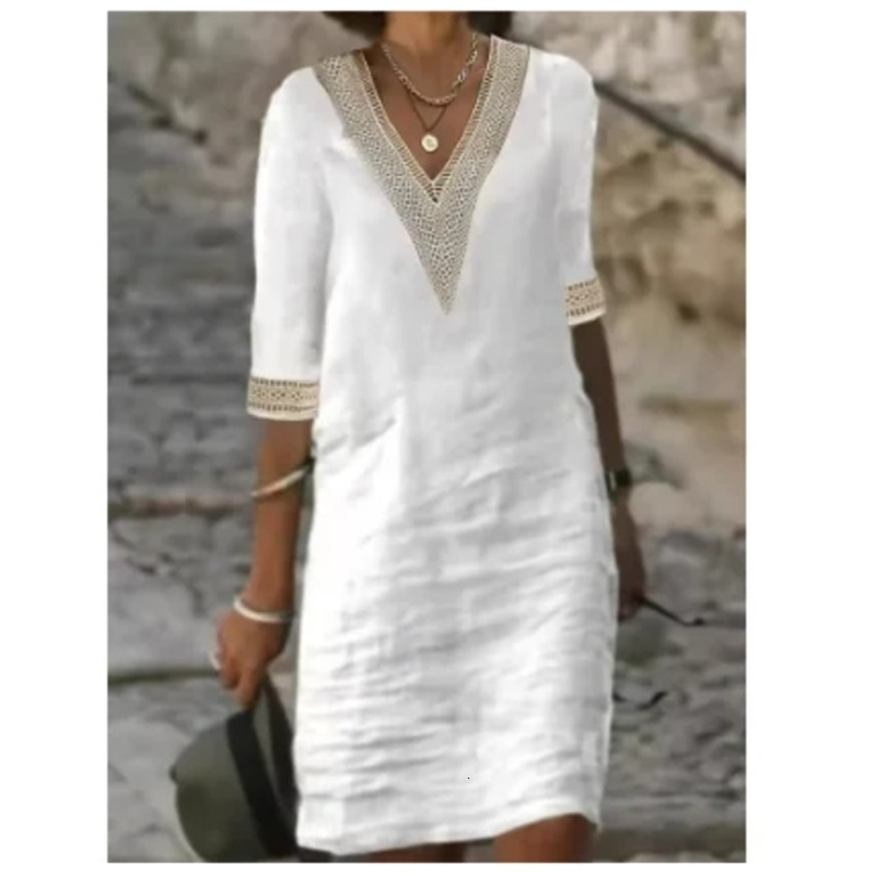 Women Cotton Linen Mini Dresses Summer Fashion Retro Solid V Neck Loose Dress Female Casual Elegant Mid-Sleeve Dress Vestidos260601ww