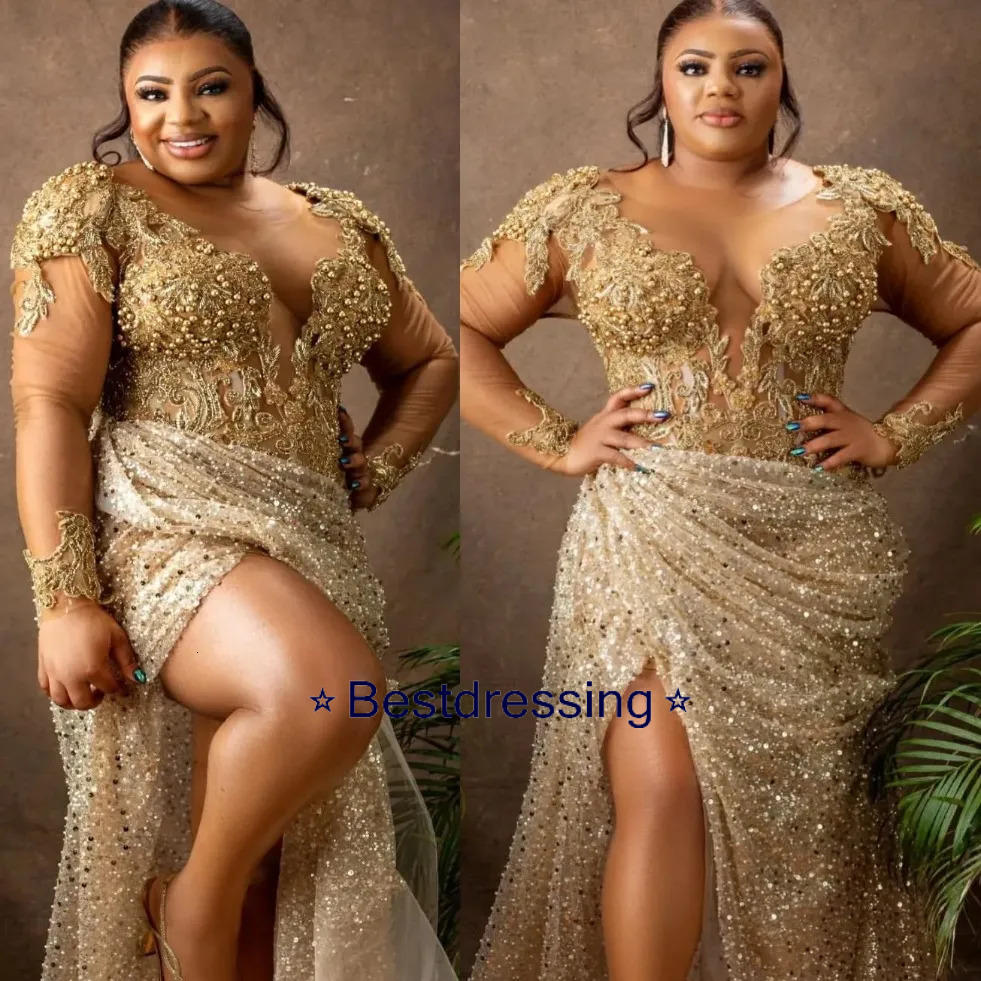 Designer Gold Mermaid Prom Dresses Lace Pearls Sequined High Split Evening Gowns Plus Size Robe De Soiree Mariee Luxe 0209 Bd624