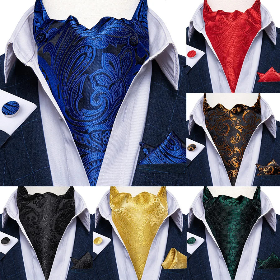 Ascot Ties for Men Paisley Floral Blue Black Cravat Necktie and Handkerchief Cufflinks Wedding Business Suits Accessories 260624