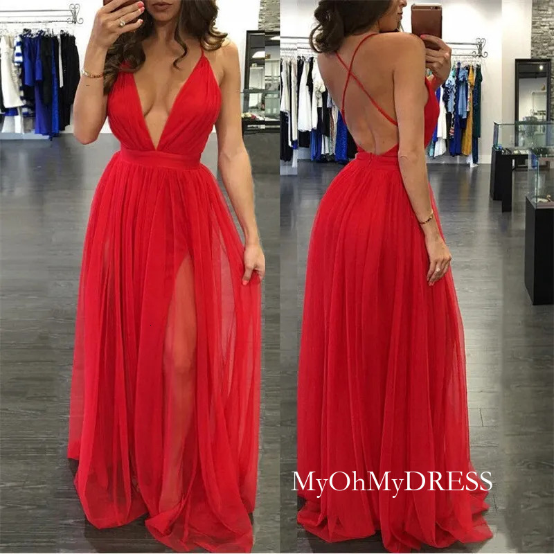Plunging V Neck Backless Prom All Red Tulle Floor Length Spaghetti Straps Beach Fashion Cross Bohemian Long Evening Dress For Women Y624