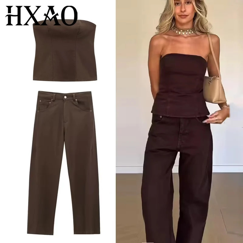 HXAO Jeans Pant Sets Womens Two Pieces Set Strapless Crop Top 2 Piece Sets Ladies Tanks Camis Baggy Denim Set Summer Outfits 260623