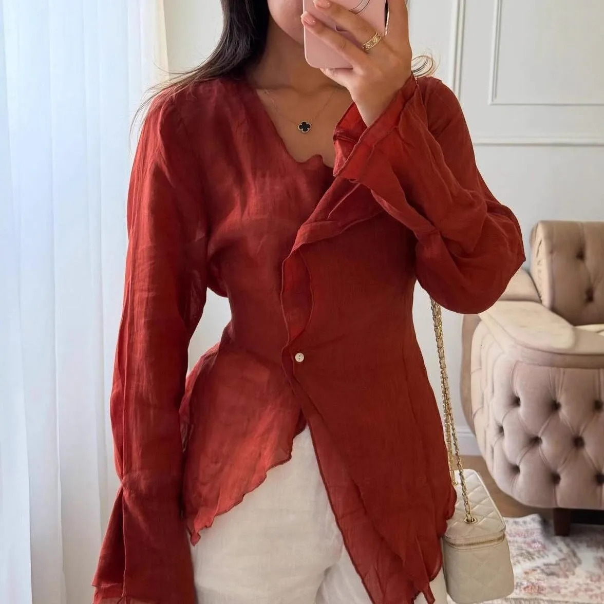 Fashion Red Cotton Linen Shirts Women V-Neck Long Sleeve Bandage Thin Blouses 2026 Spring Summer Cotton Chic Tops For Women 260623
