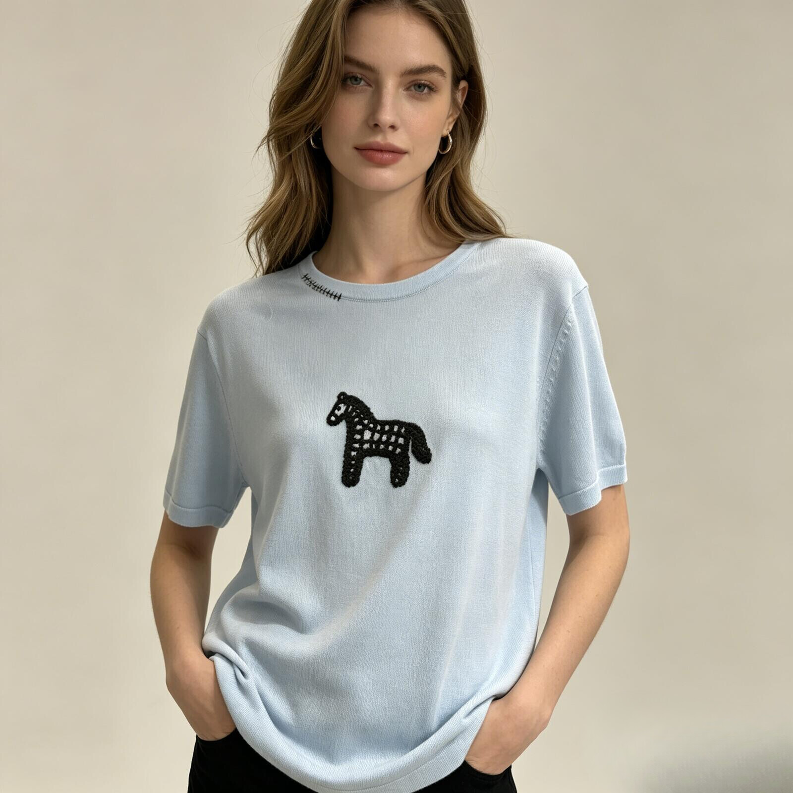 Womens Knit Top Womens Small Horse Jacquard Linen Lightweight Round Neck Loose Short Sleeve Tee For Women Daily Outdoor Market Picnic Outfits