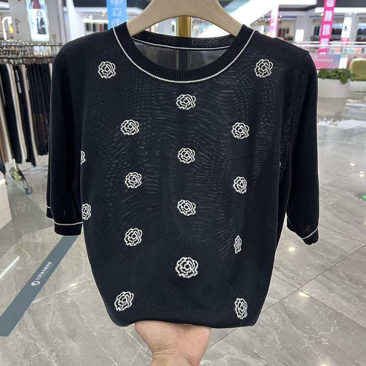Womens Knit Top Womens Dot Printed Round Neck Ice Silk Thin Loose Short Sleeve Tee For Middle Aged Elderly Women Daily Home Walking Market Casual Su