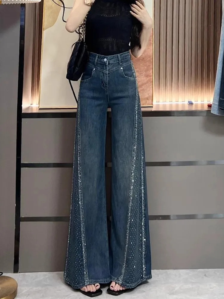 Diamond Jeans For Women Fashion Girls High Waisted Loose Flared Pants Autumn Retro Casual Commuting Wide Leg Trousers 260623