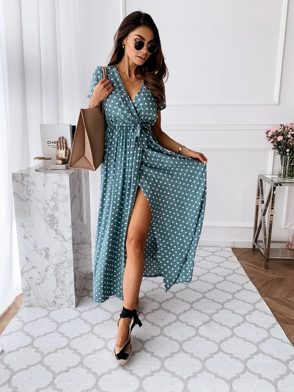 Womens Summer Fashion Maxi Dress Short Sleeve V-Neck Ladies Polka Dot Dress Split For Female Boho Beach Holiday Dress 260623