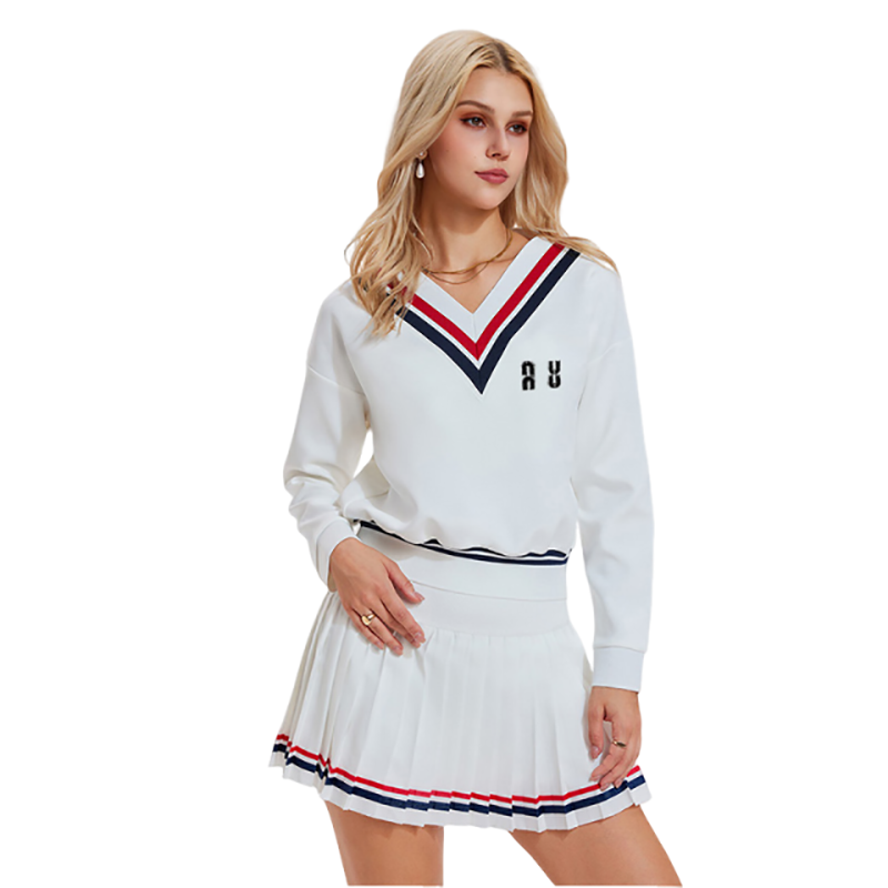 Woman 2 Piece Tennis Outfit Set Designer Clothes Women V Neck Striped Collar Long Sleeve Sweatshirt+High Waist Pleated Mini Skirt Preppy Sport Dress