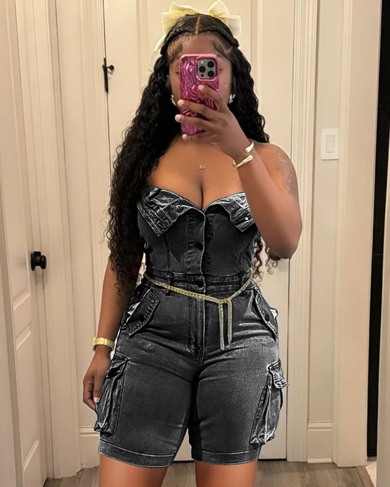 Sexy Strapless Button up Denim Romper Women Short Overalls Summer Street Casual Sleeveless Cargo Jean Jumpsuit with Pockets 260623