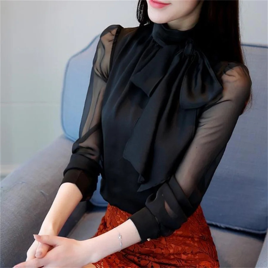 Summer Fashion Tunic Women Blouse Shirts Long Sleeve Tie Bow Chiffon Turtleneck Formal White Black DF4905 260623