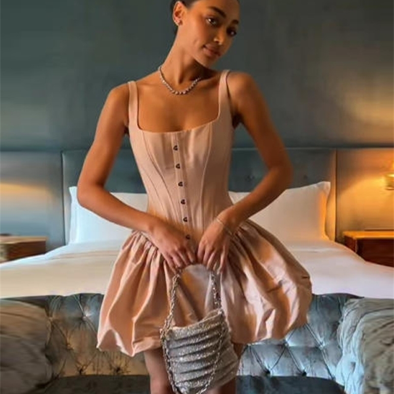 Elegant Sling Fishbone Mini Dress Women Square Neck Bandage A Line Puffy Vestidos Female Chic Party Evening Dresses 260623