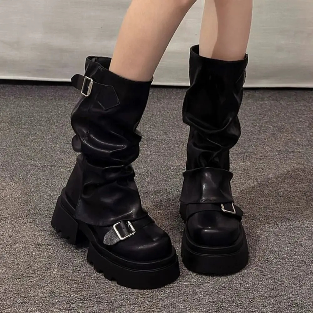 Women Biker Boots Platform Belt Buckle Womens Knee High Booties Harajuku Gladiator Y2K Punk Mid Pipe Booties Girls 260623