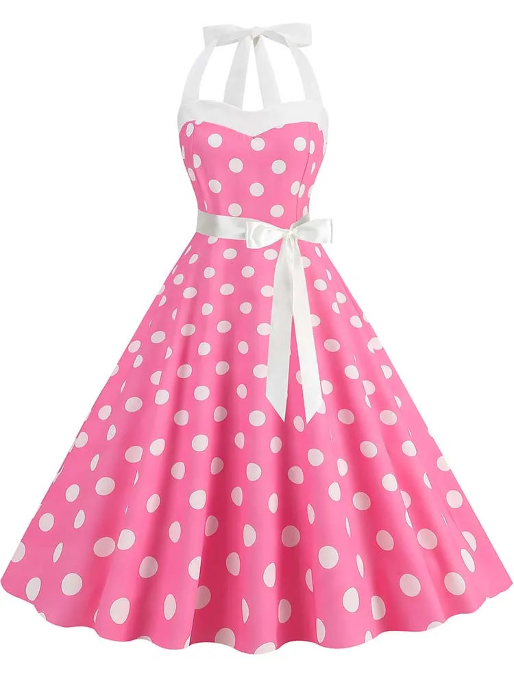 Women Summer Party Dress With Belt Polka Dot Print Halter Hepburn Robe 50s 60s Vintage Dresses 260623