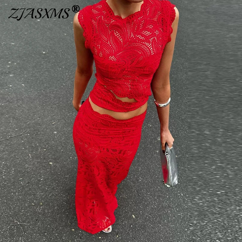 Red Sexy Hook Flower Hollow Lace Set Two Piece Crew Neck Crop Top and Fishtail Skirt Woman Outfit Spring Summer Slim Ladies Suit 260622