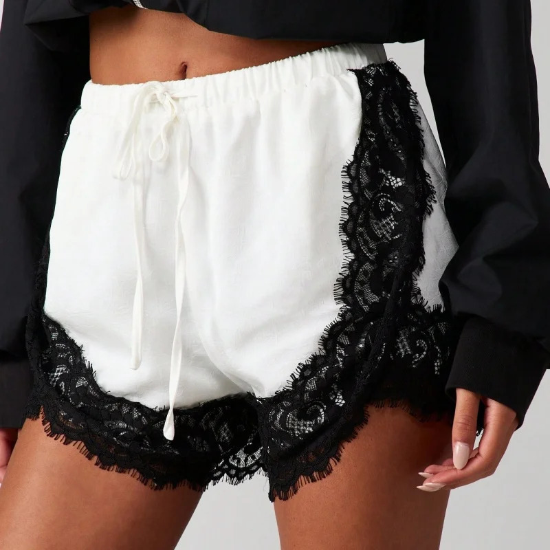 Womens Mini Shorts Lace Patchwork Side Split Elastic Waist Casual Summer Lounge 260623