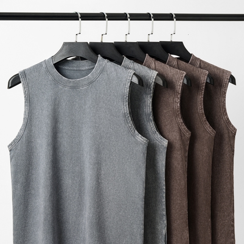 230g Pure Cotton European and American High Street Retro Washed Distressed Sleeveless Vest Mens Casual Loose Shoulder Tshirt y260618