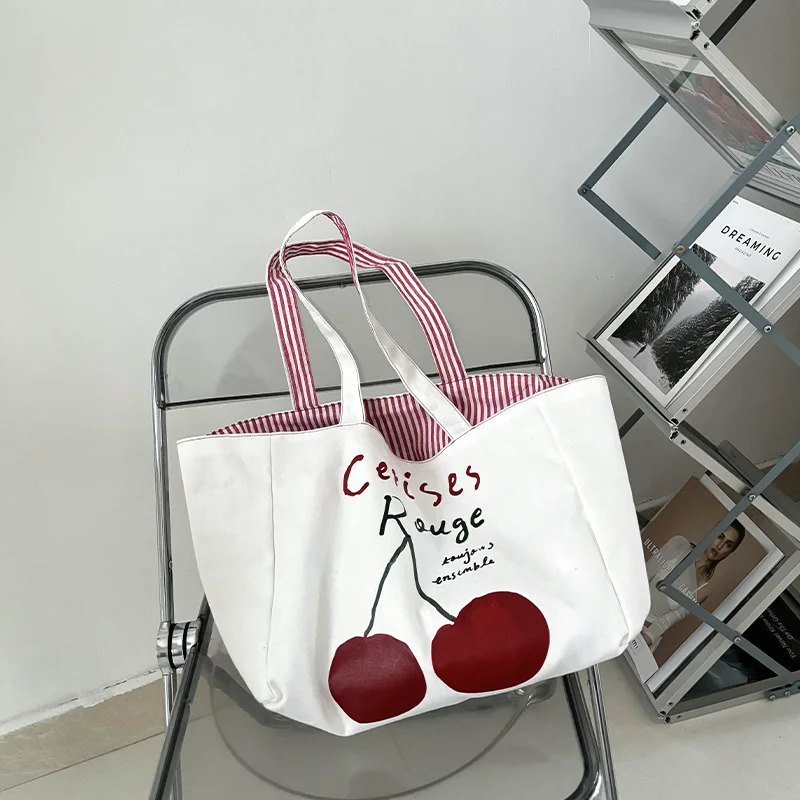 Reversible Women Canvas Shoulder Bag Cotton Cloth Purse Handbag Cherry Red Stripes Large Tote Female Eco Shopping Bags 260623BJ