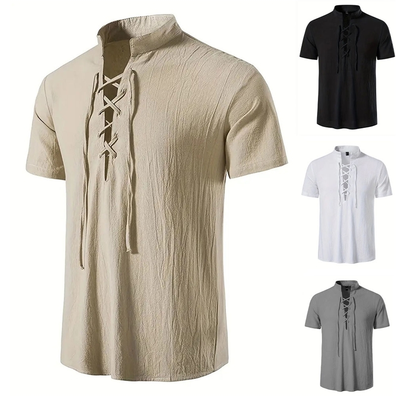 Mens Retro Shirt Short Sleeve Cotton Linen Lightweight Breathable Solid Color Fashion Tops Pirate V-neck Male Stylish Shirs 260616BJ