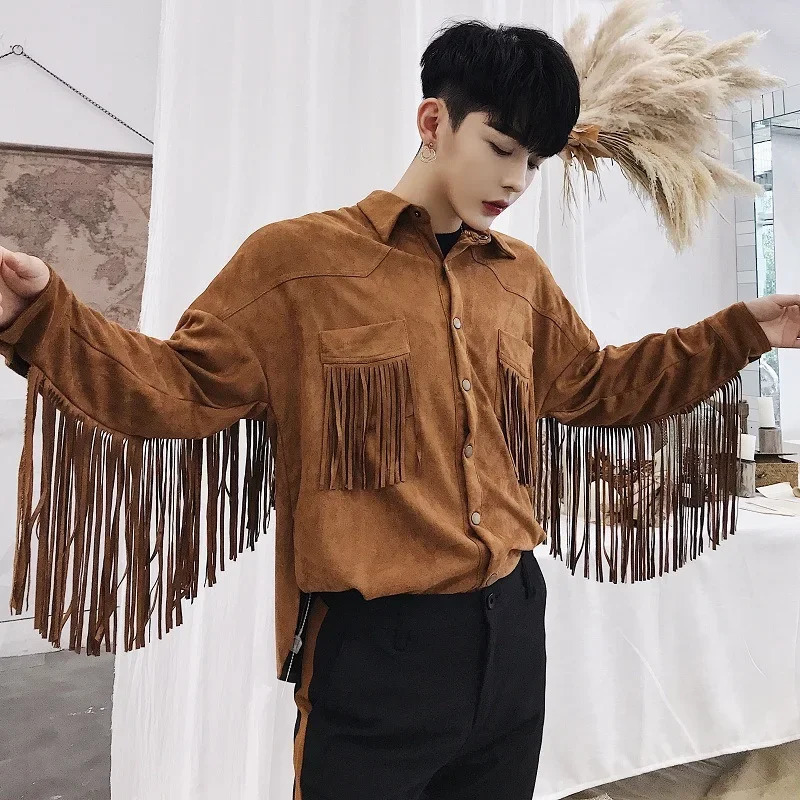 Spring Autumn Men Fringe Shirt Collar Jacket Long Sleeve Faux Suede Tassel Coat Moto Biker Tops Solid Fashion Partywear 260615