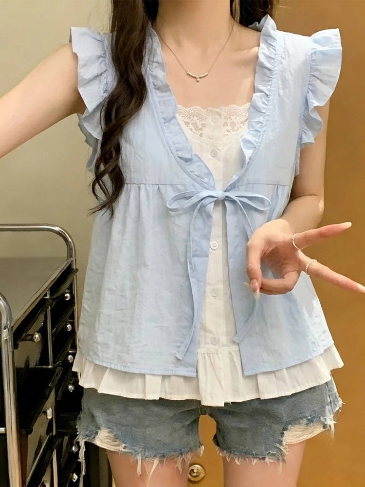 Womens Ruffle Trim Tie Front Sleeveless Blouse Loose Fit Two Piece Casual Shirt Sweet Summer Top for Daily Wear 260623
