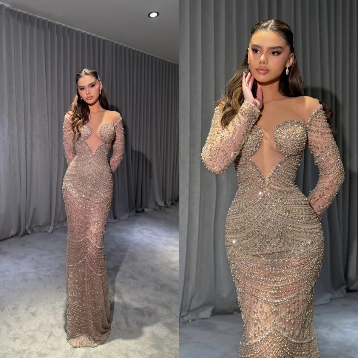 Fashion Evening Dresses Sequins Beaded Mermaid Prom Dress Long Sleeve Pearls Illusion Customized Party Gown Vestidos De Noche Plus Size