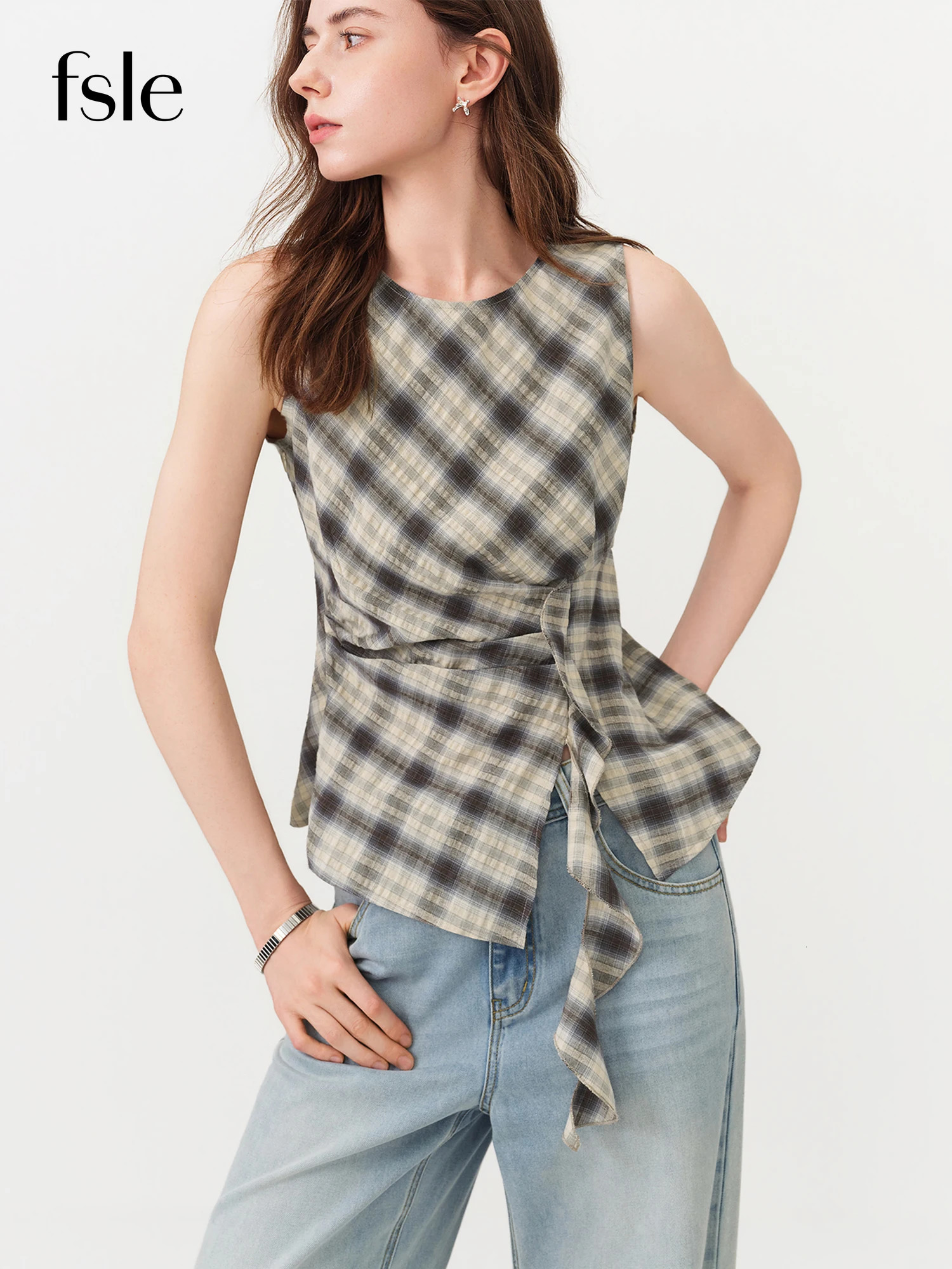 FSLE Retro Plaid Round Neck Slim Waist Sleeveless Shirt for Women Summer 2026 Style with Ribbon Korean Y2k 260616