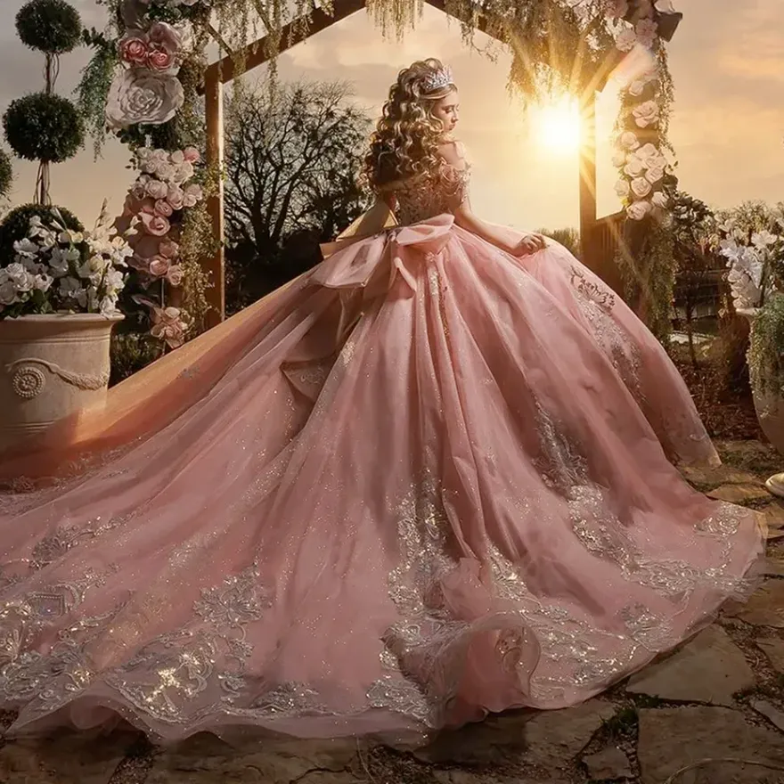Smoky pink heavy lace dress with crystal embellishments and a train, off-shoulder ball gown, sweet quinceanera