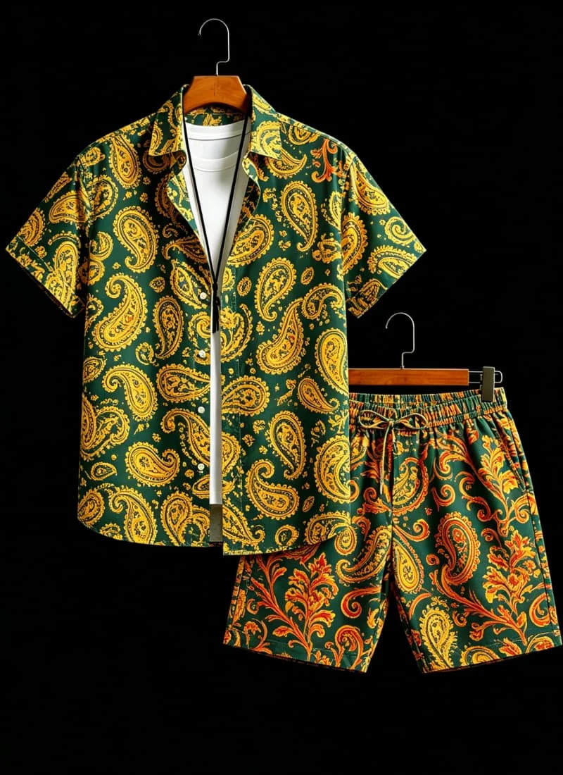 2026 Summer Mens Casual Fashion Paisley Printed Short sleeved Shirt and Shorts Set Vacation Style Two Piece 260623