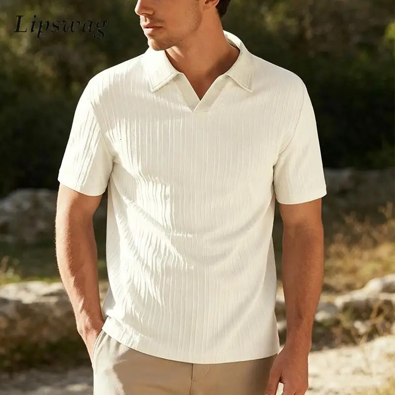 Daily Leisure Mens Short Sleeve Polo Shirts Summer Outdoor Casual Breathable Striped Texture Polo Shirt Men Fashion Lapel Polos 260623
