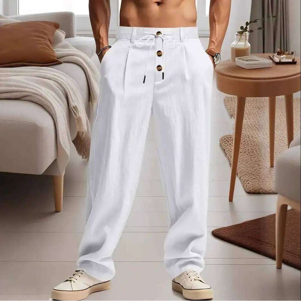 Nuovi pantaloni sportivi da strada alla moda e traspiranti in cotone e lino da uomo, pantaloni dritti larghi da spiaggia e da esterno W260624