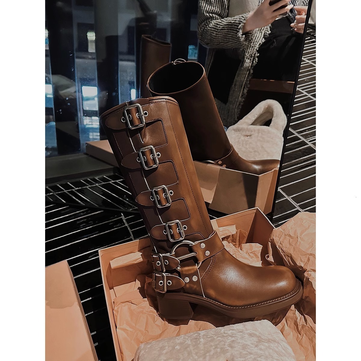 Womens Brown Leather Buckle Strap Mid Calf Designer Shoes Boots Chunky Block Heel Western Biker Boots For Punk Street Fashion