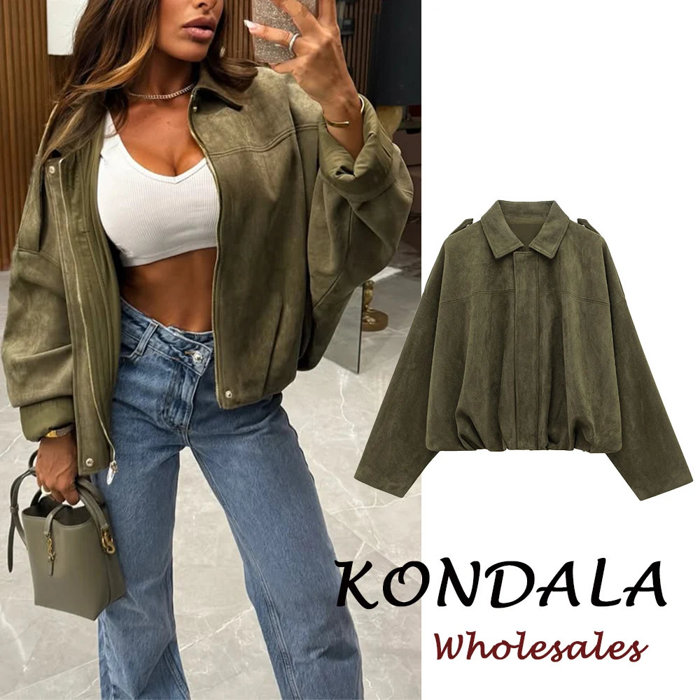 KONDALA Vintage Cool Green Streetwear Women Jacket Fashion 2026 Spring Zipper Folds High Street Chic Modern Female Short Outwear 260623