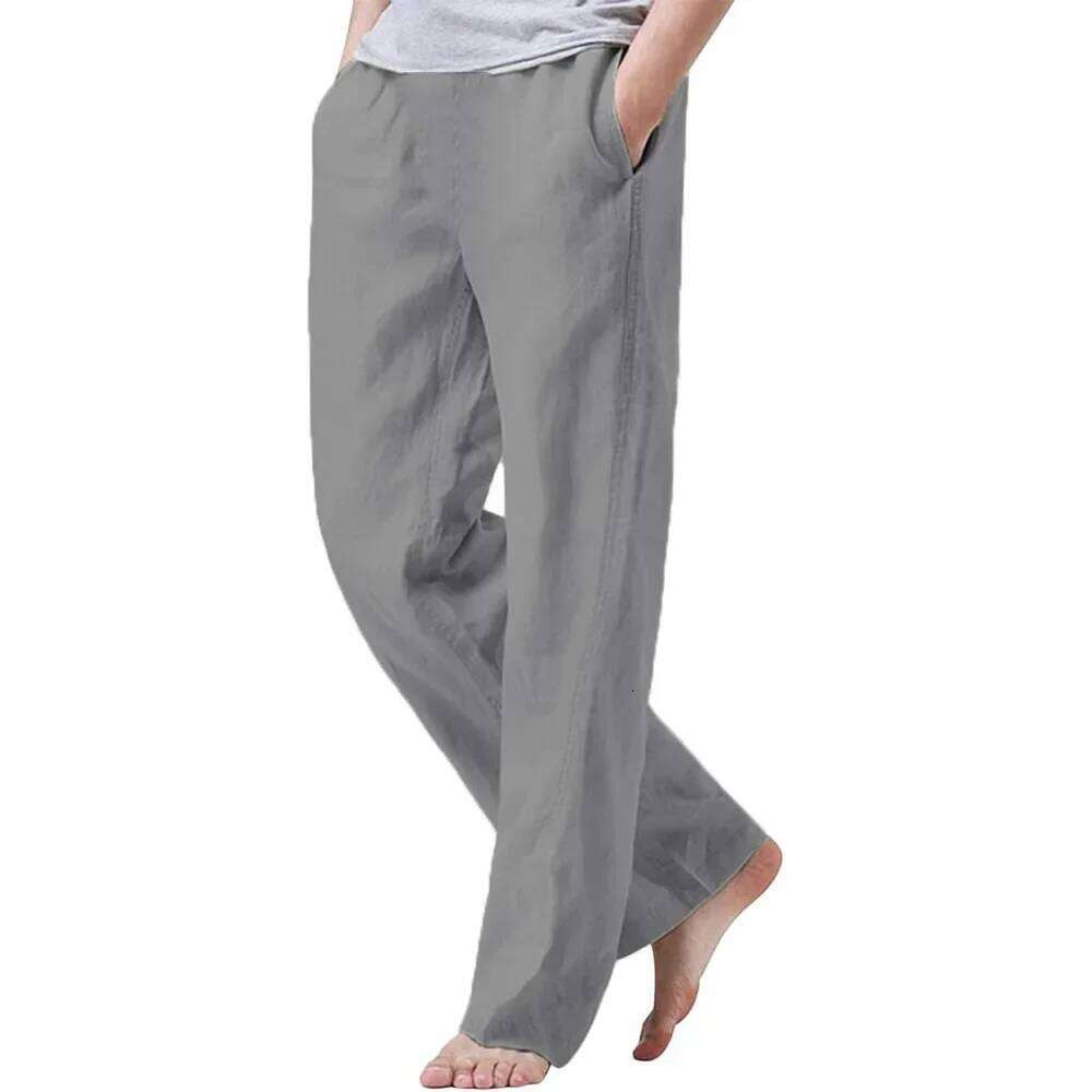 New Men's Cotton Summer Solid Color Breathable Linen Trousers Male Casual Elastic Waist Fitness Pants W260624