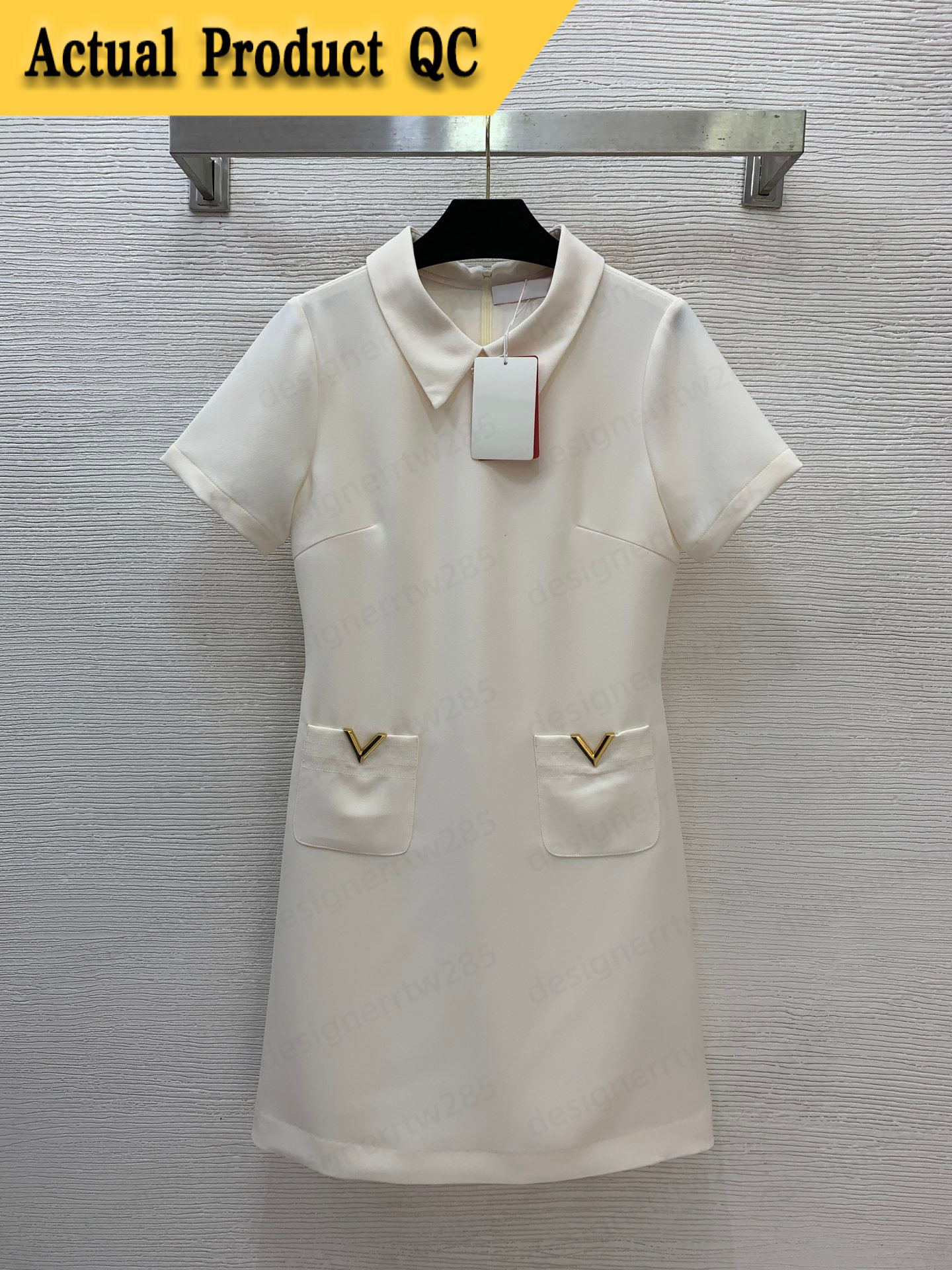 Designer Clothing Women Dress Gold Metal V Button Turn Down Collar Short Sleeve Sundresses Casual Party Robes High Quality Traje Vestido Skirts-image-1111993462