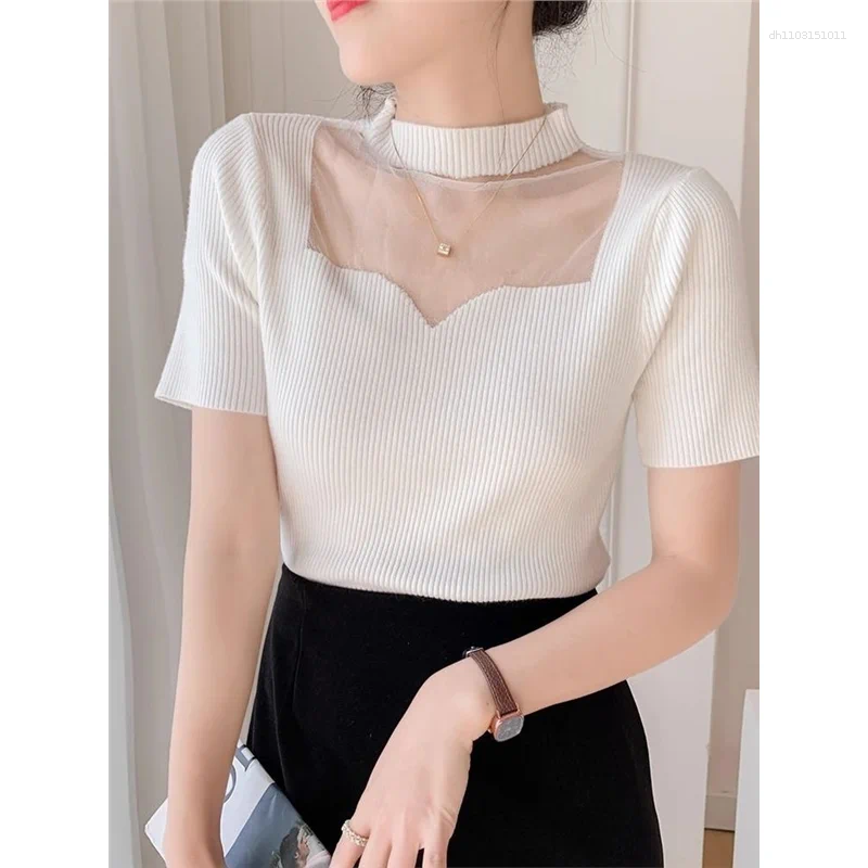 Women's Polos Sexy Hollow Out Me Splice Ice Silk Thin Knitted Ort Sve Irt Ele T-irt Women Summer Slim Fit
