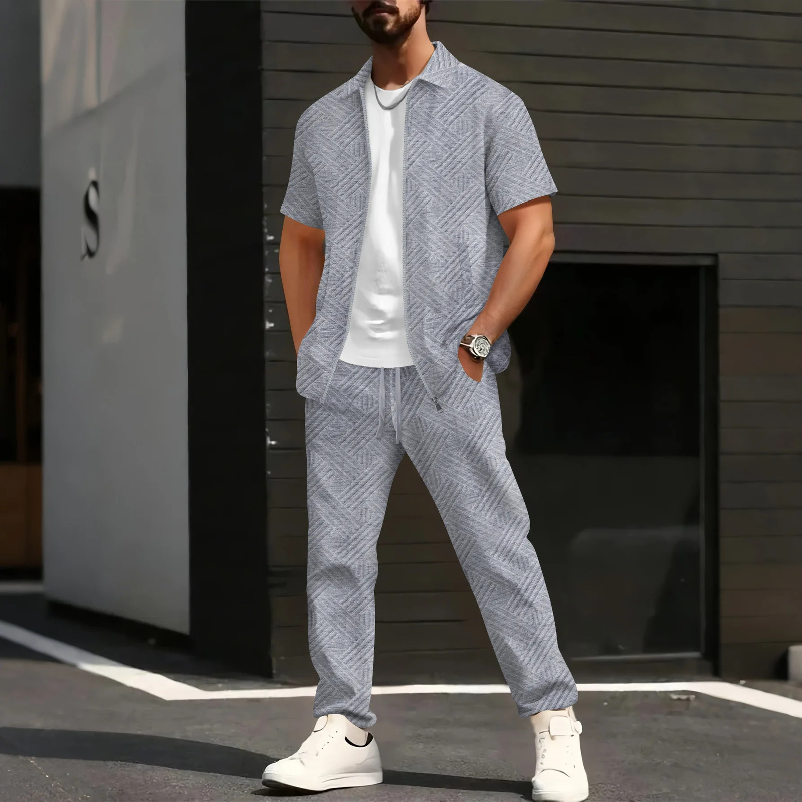 Mens Summer 2026 Solid Color Jacquard Zipper Cardigan ShortSleeved Jacket And Long Pants Set Casual Fashion Outfit 260615