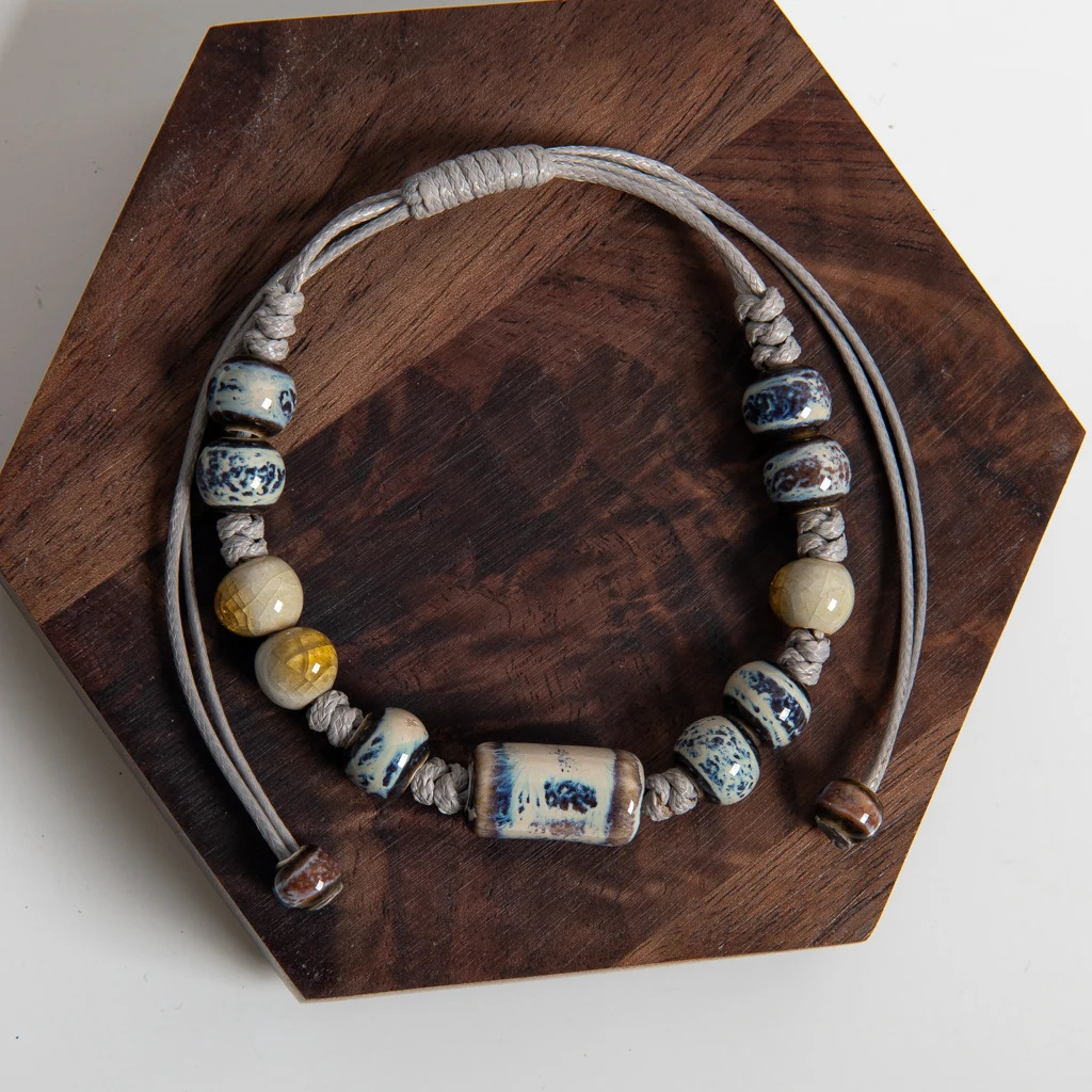 Handmade Blue Pattern Ceramic Bracelet with Tube Bead Adjustable Rope Vintage Ethnic Style Jewelry S03115 260613