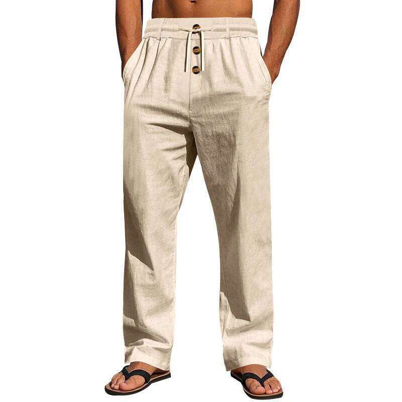 Men's Casual Simple Style Solid Color Cotton Linen Button Design Fashion Long Pants Breathable Baggy Trousers W260624