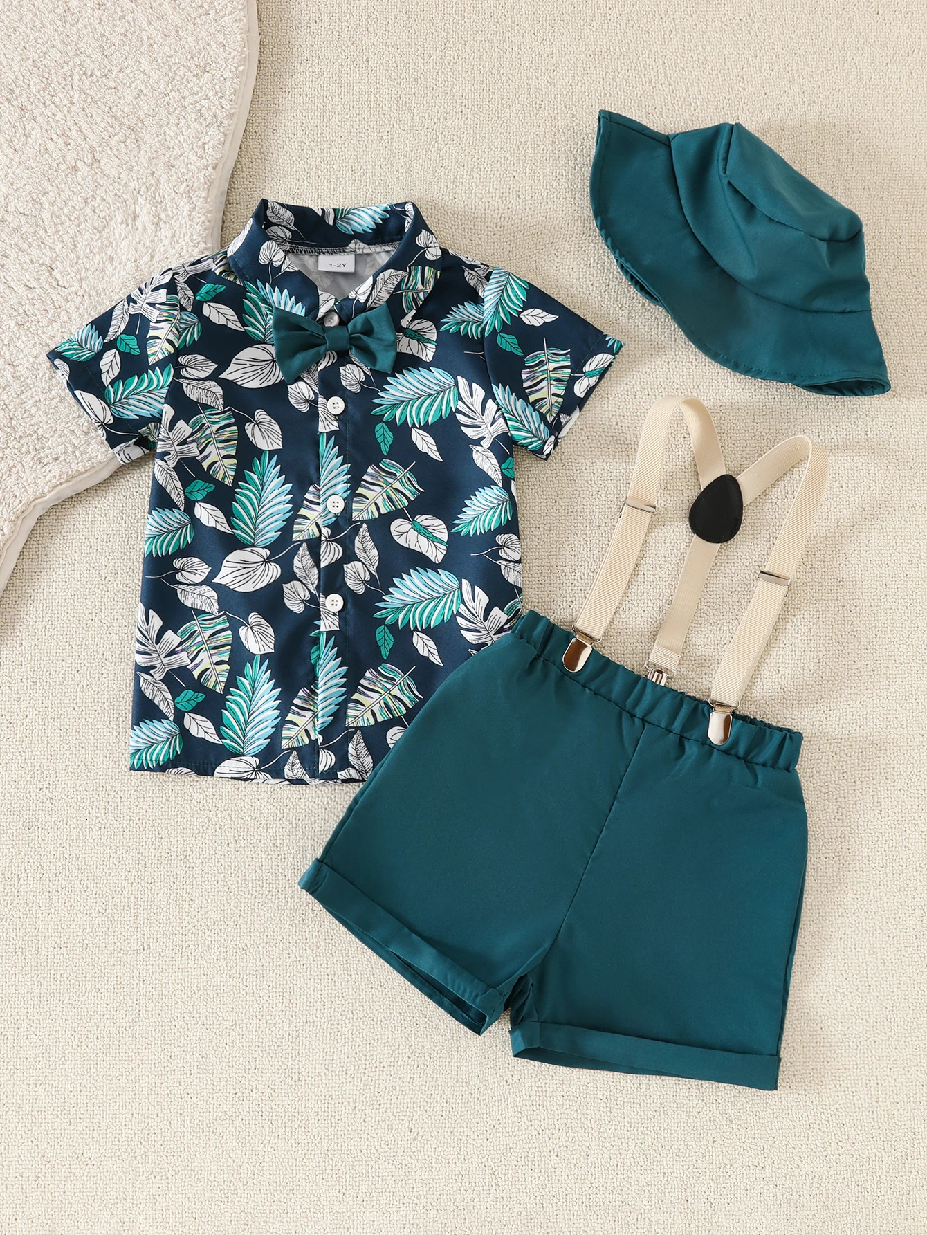 Baby boy spring and summer beach vacation set with maple leaf print top short sleeves shorts hat and belt 4 pieces260624