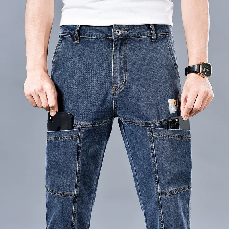 n Jeans Mens Autumn MultiPocket Fashion Stretch Straight Cotton Casual Denim Trousers Clothing Male Blue Black 260613