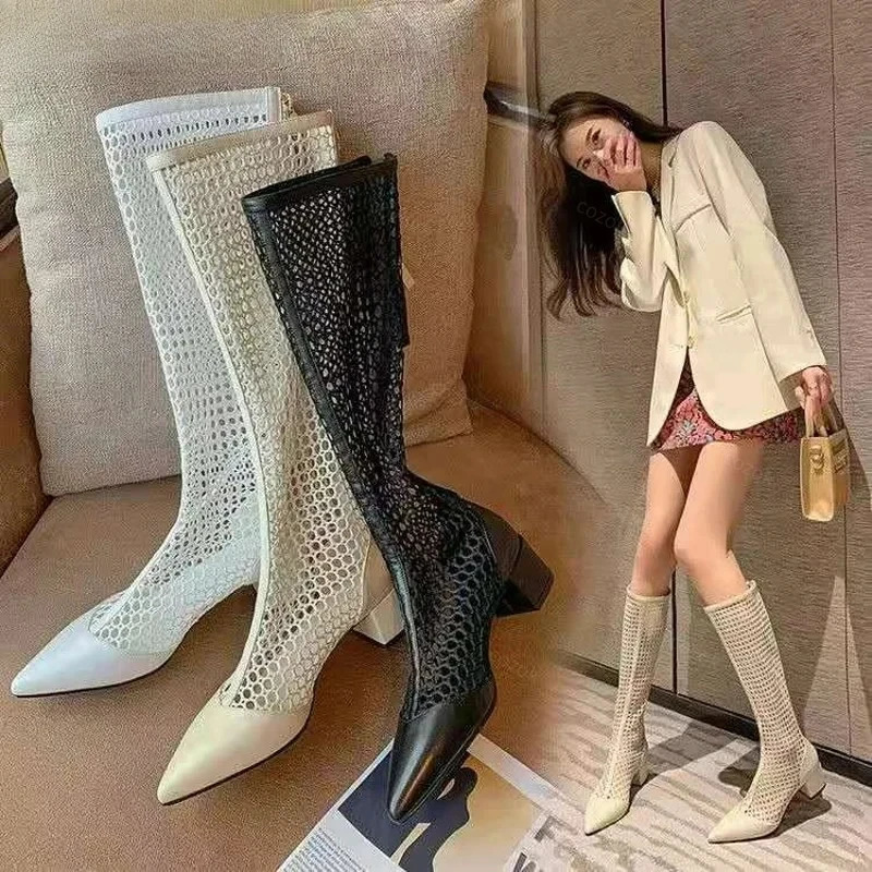 Botas de malla geniales para mujer, temporada de verano, botas de malla de tacón grueso, botas altas de malla de tacón medio puntiagudas, sandalias