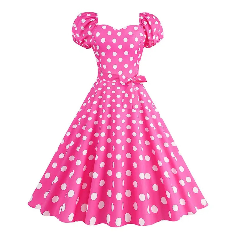 Plaid Print Retro Women Dress Puff Short Sleeve 50s Elegant Summer Polka Dot Midi Party Dresses 260623