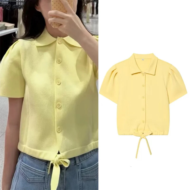 Womens Jacket 2026 Summer Style Yellow ShortSleeve TieDecorated Knit Casual Fashion Simple and Versatile 260623