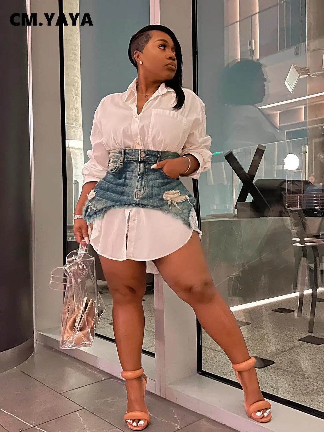 CMYAYA Vintage Women Long Sleeve Turn-down Collar Shirt Blouse Style Dress with Denim Jean Irregular Mini Skirt Two 2 Piece Set 260623