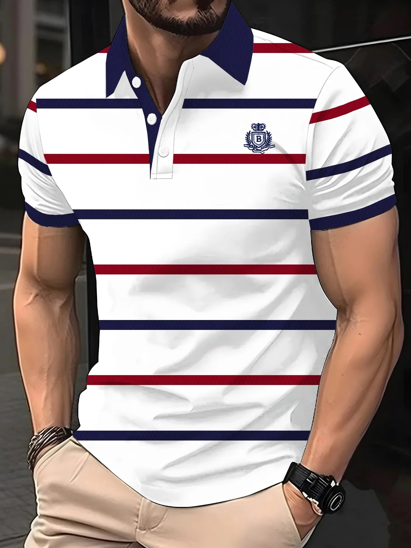 2026 Summer Mens Polo Shirt with Stripes Print Breathable Lightweight Casual Fashionable Outdoor Clothing 260616