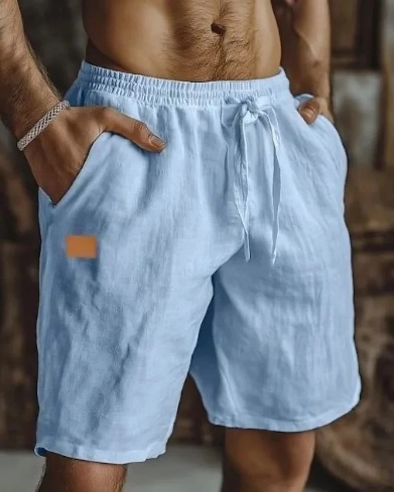 2025Pantaloni corti casual da uomo in tinta unita in lino da spiaggia, comodi e traspiranti, pantaloni dritti hawaiani da uomo 260617