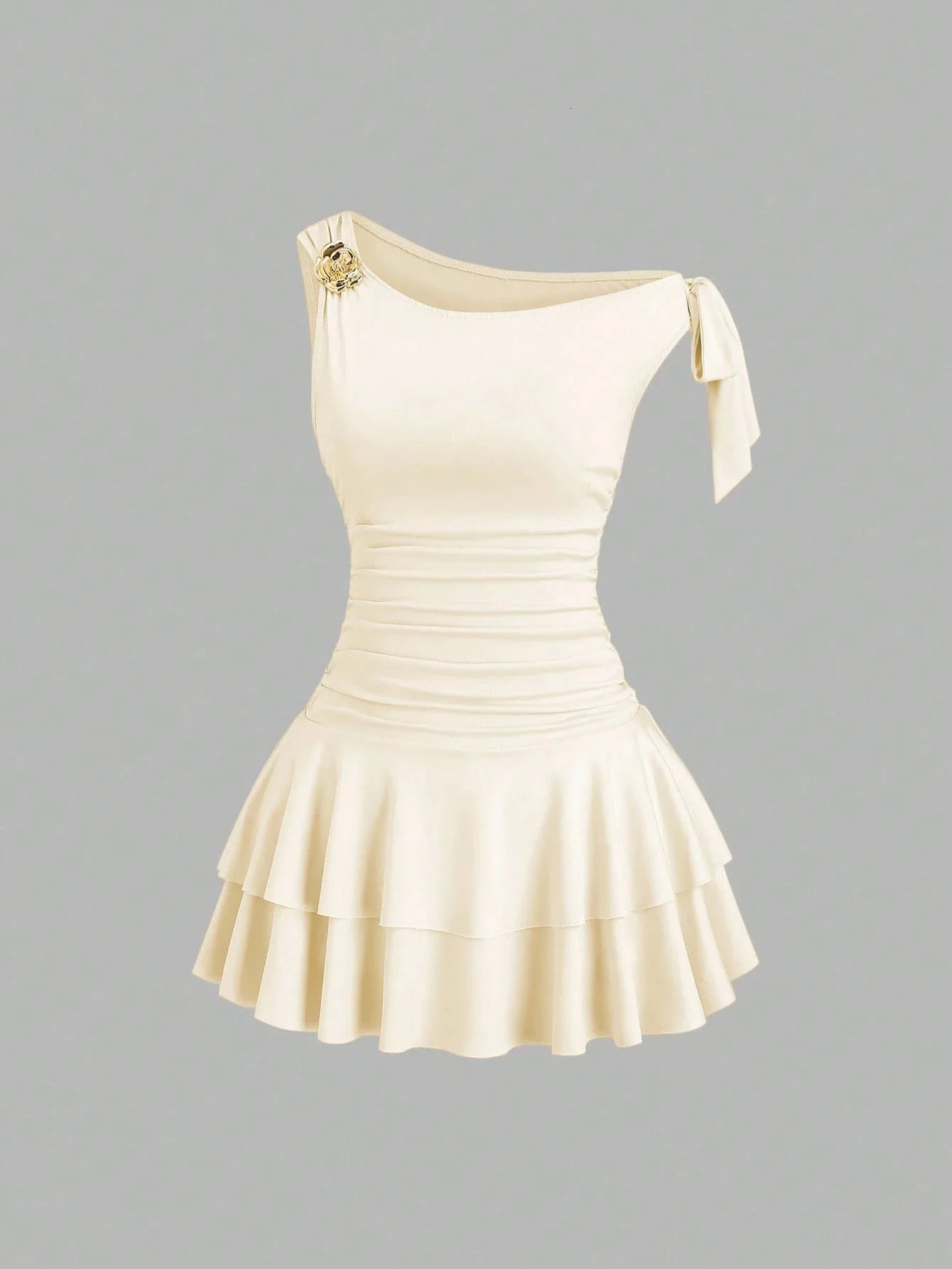 Sleeveless -style Lolita pleated short skirt with sexy flower accessories solid color lace-up dress trendy fashionable summer 260623